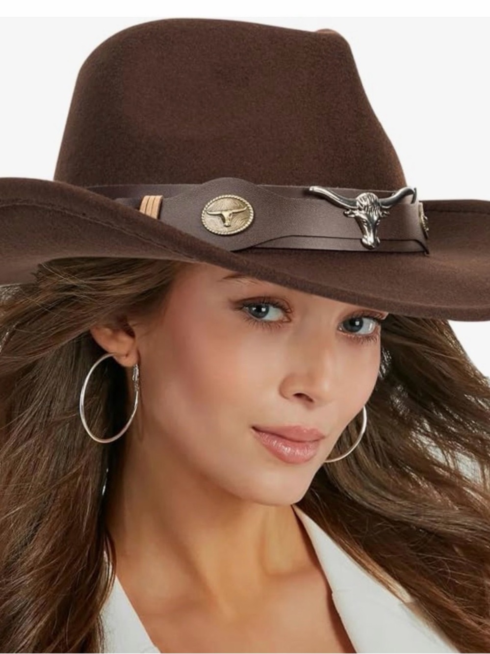 Brown Western Felt Cowboy Hat with Metallic Longhorn Accent